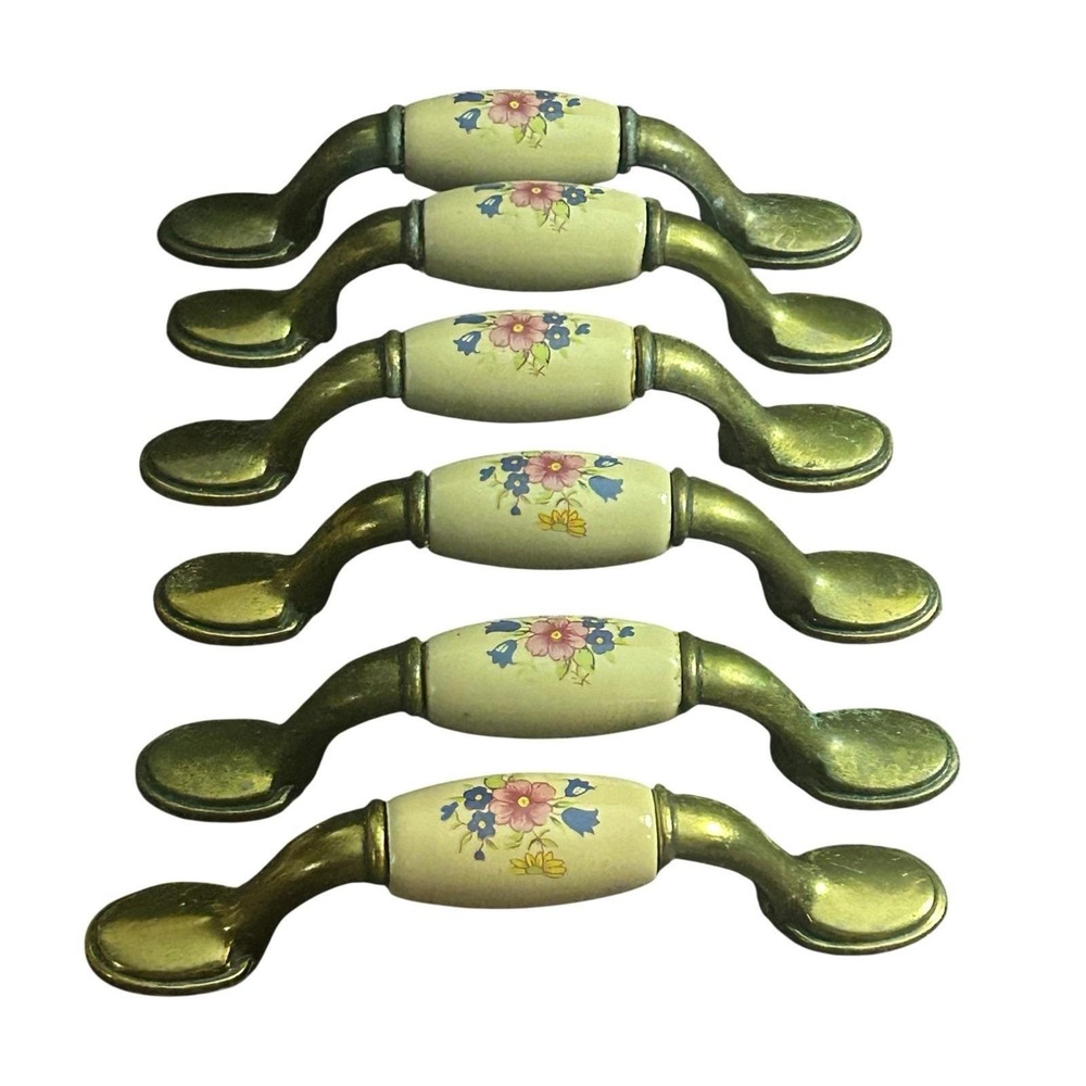 Vintage Set of 6 Porcelain Brass Handles Pulls Cabinet Drawer Floral Beige